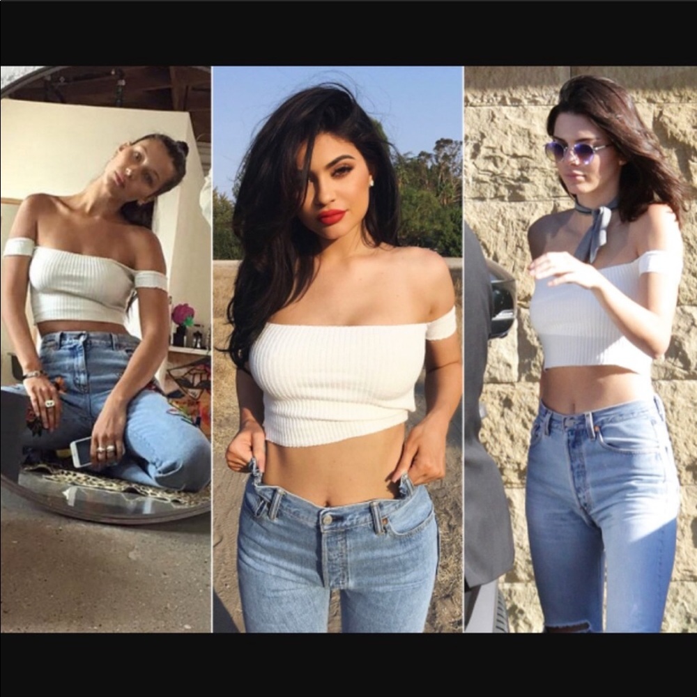ARE YOU AM I White Ribbed Off-Shoulder Crop Top